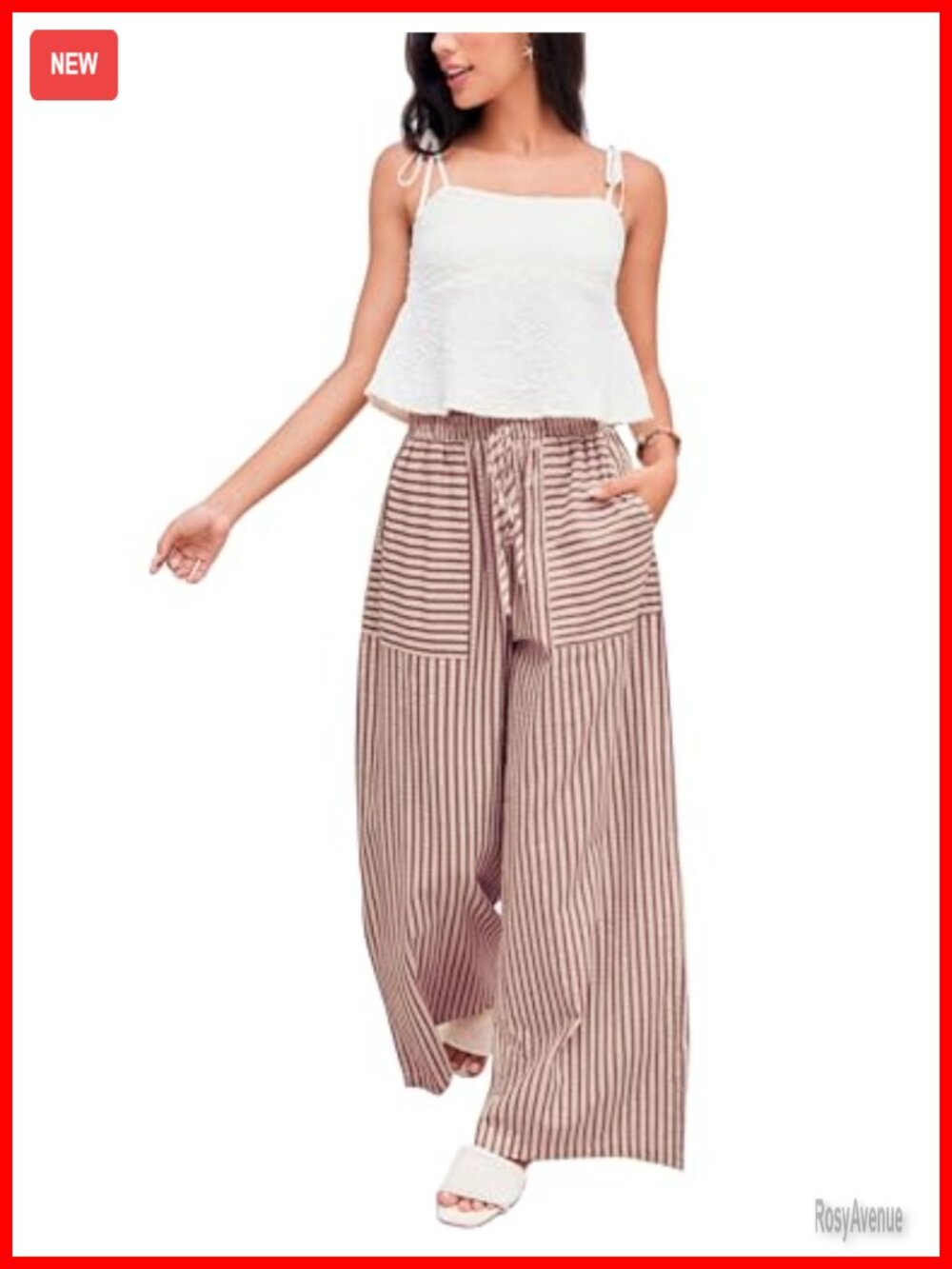 Wide Leg Pants Drawstring Striped Cotton Mid Rise Casual Long Palazzo Trousers
